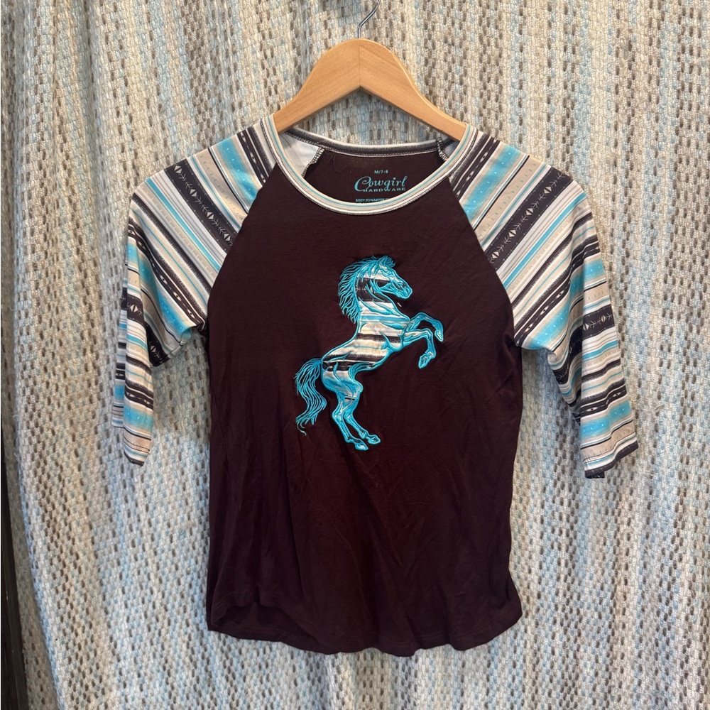 Cowgirl Hardware Brown "Serape Horse" Raglan 3/4 Sleeve Top Girl Size M 7/8